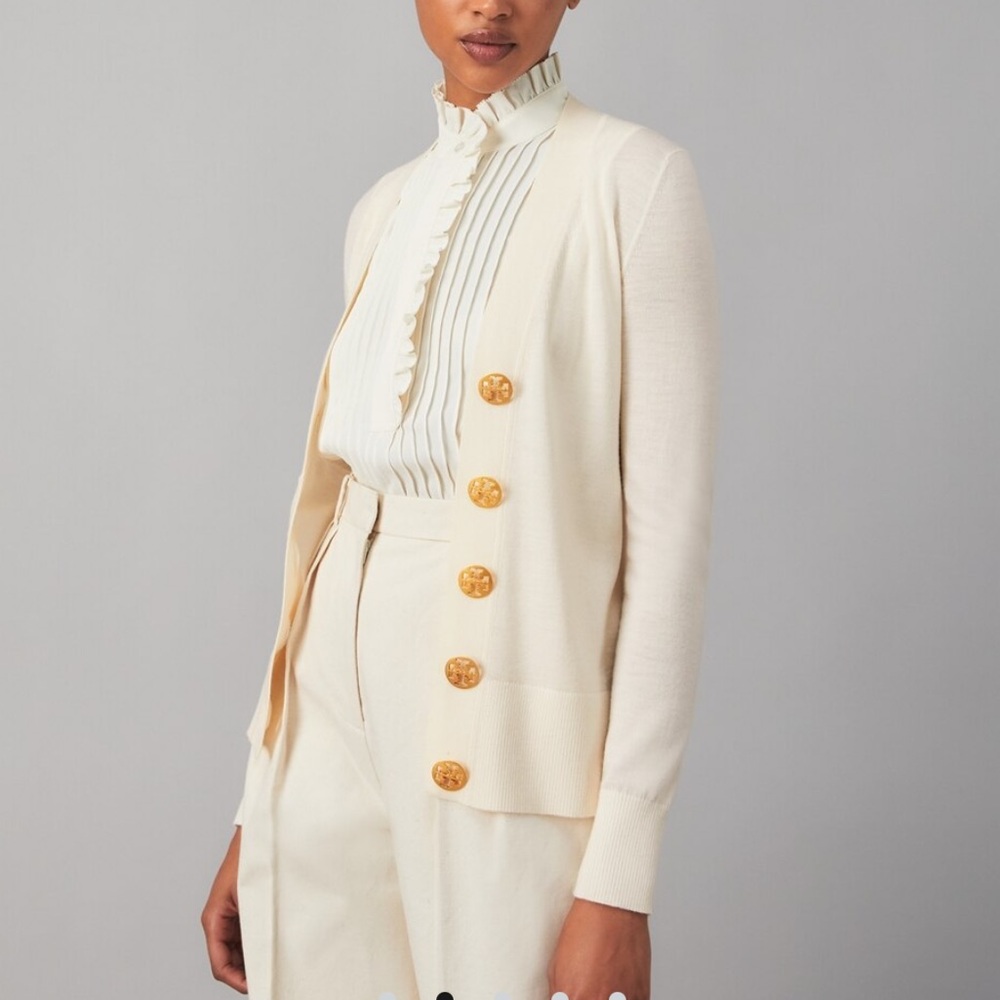 Tory Burch white cardigan with gold buttons, small